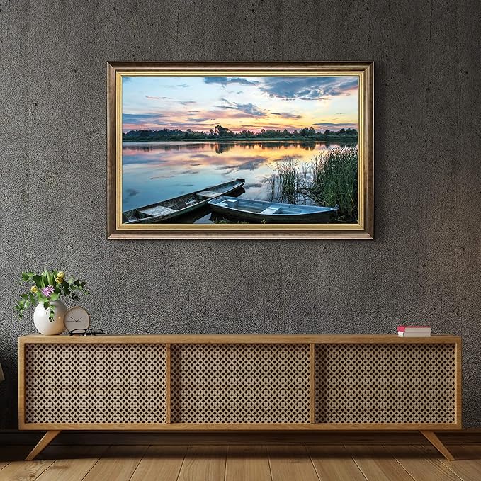 Lake Scene Canvas Wall Art: Large Framed Landscape Print Picture Relaxing Gorgeous Sunset Forest Artwork Calming Boat Reed Painting Contemporary Country Scenery Photo for Living Room Office