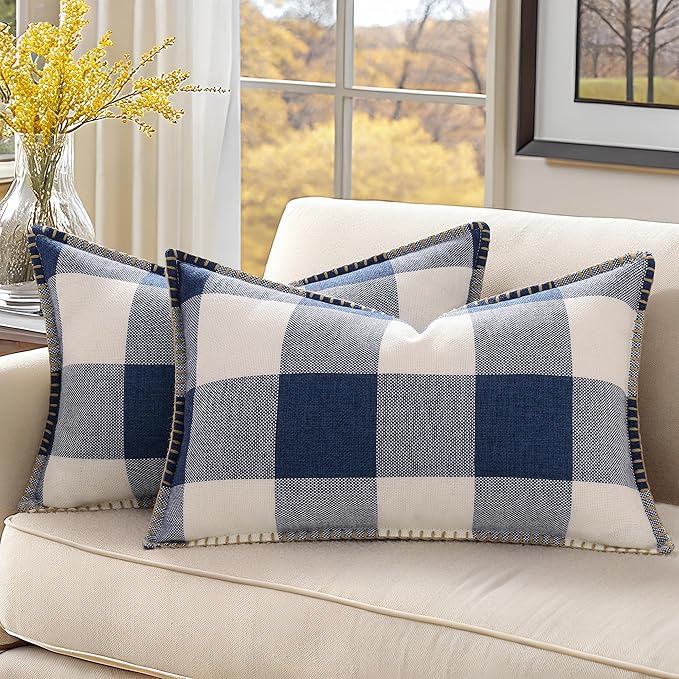 decorUhome Buffalo Plaid Check Throw Pillow Covers 12x20 Set of 2, Outdoor Lumbar Linen Decorative Farmhouse Gingham Pillow Covers with Stitched Edge for Bed Couch Sofa, Navy Blue and White