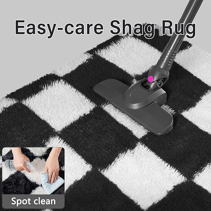 Checkered Rug 9x12 for Living Room, Black and White Modern Shag Super Soft Washable Fluffy Rugs Indoor Fuzzy Carpet for Bedroom Home Dorm Aesthetic Decor