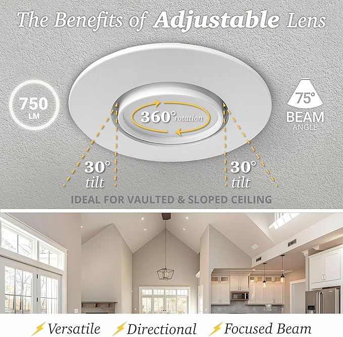 NUWATT Retrofit 4 Inch Gimbal LED Recessed Light White Trim, High Lumen, 750lm, 10W, 5CCT Selectable 2700K/3000K/3500K/4000K/5000K, Adjustable Lens Dimmable Eyeball Lights, ETL Listed, 6 Pack