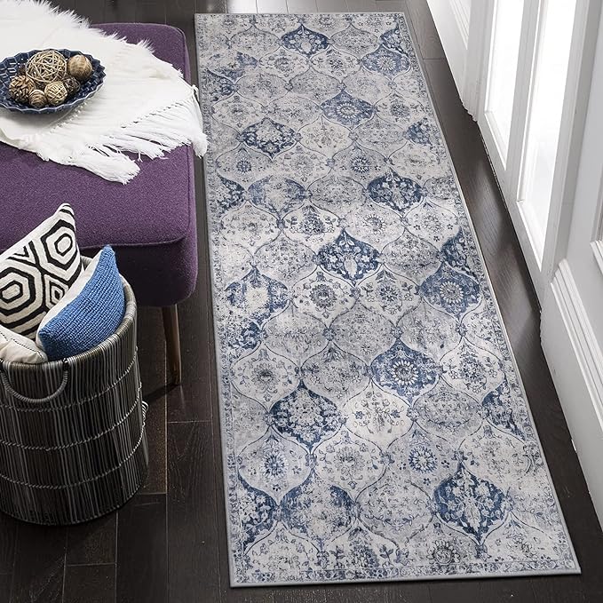 Lahome Moroccan Trellis Washable Runner Rug, 2x6 Kitchen Runners for Hallways 6 Feet Non Slip, Vintage Laundry Room Rug Ultra-Thin Long Carpet for Bathroom Bedroom Entryway, White/Royal Blue