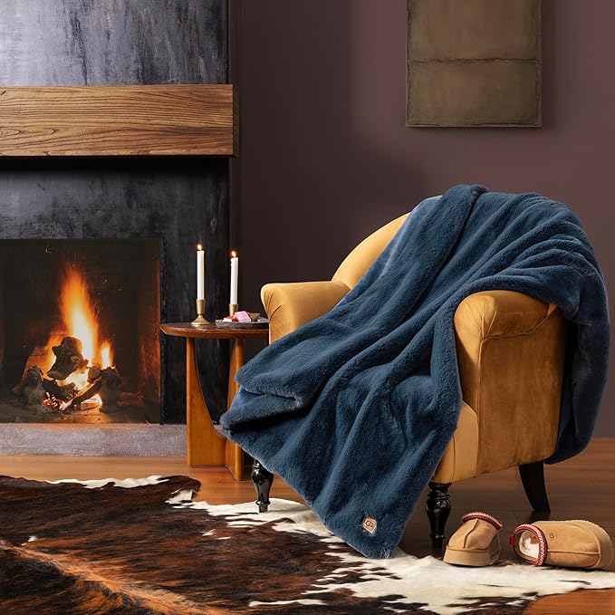 UGG Plush Faux Fur Throw Blanket Reversible Medium Weight Luxury Soft Throw Blankets for Bed or Chair, Hypoallergenic, Machine Washable, Home Decor, 50-inch x 70-inch, Indigo Navy Blue (Euphoria)