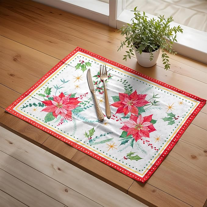 Maison d' Hermine Placemats Set of 4 100% Cotton Washable Cloth Place Mats, Reusable Table Mats for Kitchen Dining Decoration, Party, Wedding, Restaurant (Poinsettia Christmas, 13" x 19")