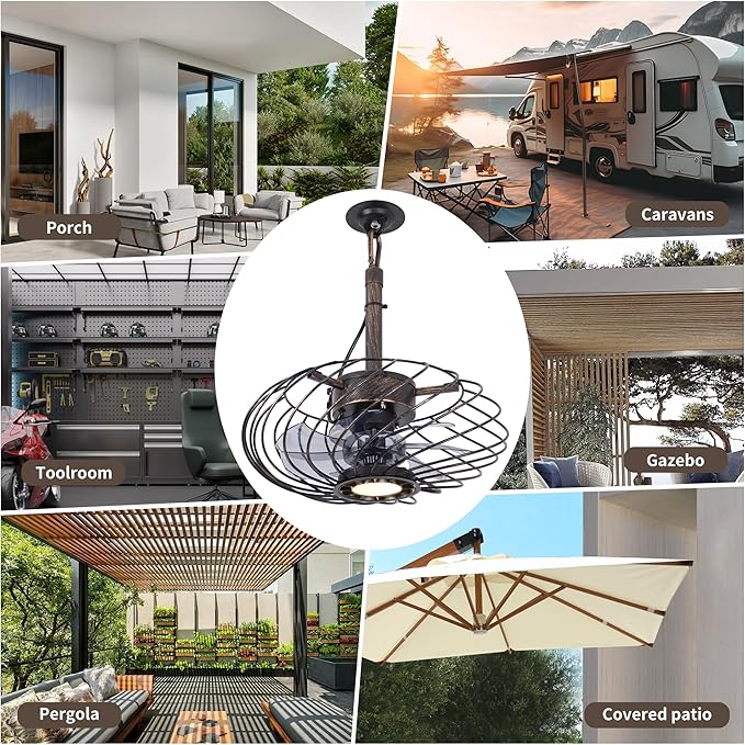 15" Outdoor Ceiling Fan with Light, Waterproof Gazebo Fan Remote Control, Dimmable LED Light, Hanging Black Caged Ceiling Fixtures with Plug in Cord for Patios Pergola, Black Gold