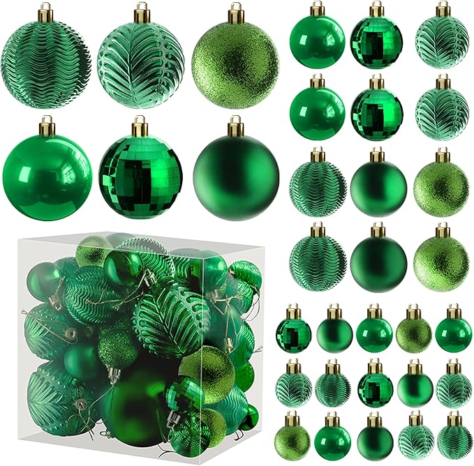 Prextex 36pc Shatterproof Green Christmas Balls Ornament Set - Festive Christmas Tree Ornaments in 3 Different Sizes and 6 Styles - Holiday Decoration with Hanging Loops for Tree, Wreath, Party Decor
