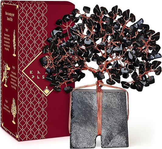 Crystal Tree of Life Feng Shui Decor for Home and Office, Blask Obsidian Chakra Healing Crystal Handmade Tree for Positive Energy, Money, Good Luck, Christmas Decor, Birthday Gifts for Women