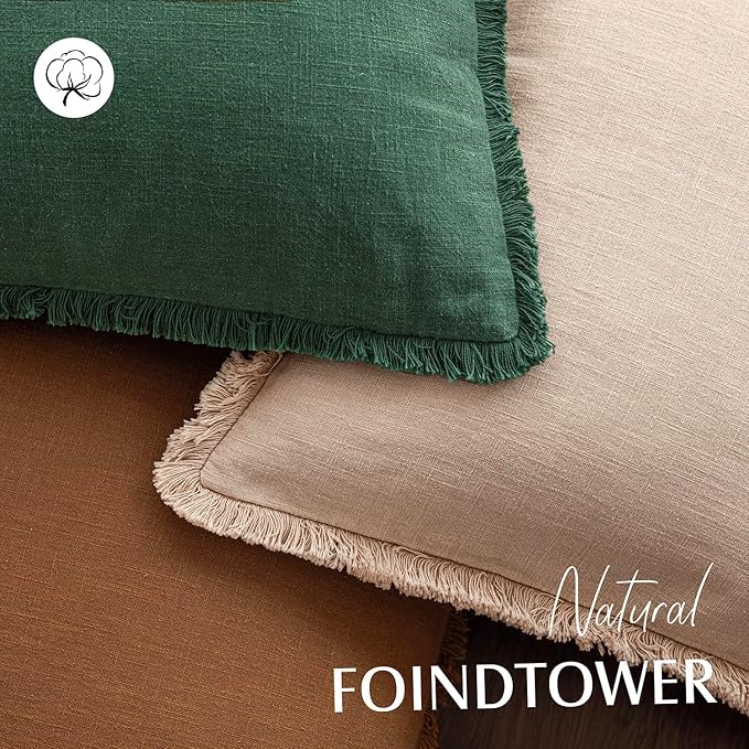 Foindtower Set of 2 Decorative Linen Fringe Throw Pillow Covers Cozy Boho Farmhouse Cushion Cover with Tassels Soft Accent Pillowcase for Couch Sofa Bed Living Room Home Decor, 20×20 Inch, Pine Green