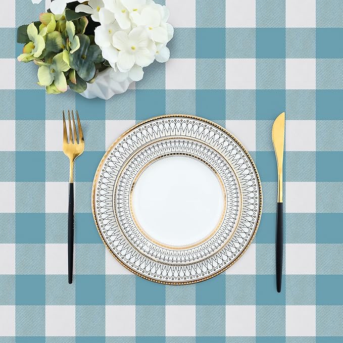 misaya Square Waterproof Vinyl Table Cloth, Buffalo Flannel Backed Tablecloth, Wipeable Plastic Table Cover for Dinner, Kitchen, Outdoor (54" x 54", Aquamarine and White)