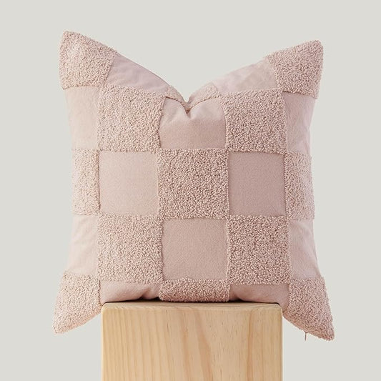 Double Stitch Checkered Throw Pillow Covers - 100% Cotton Tufted Boho Decorative Pillow Covers 20x20, Made in India, Square Cushion Case, Modern Home Decor for Couch, Sofa, Living Room, Pink Whisper