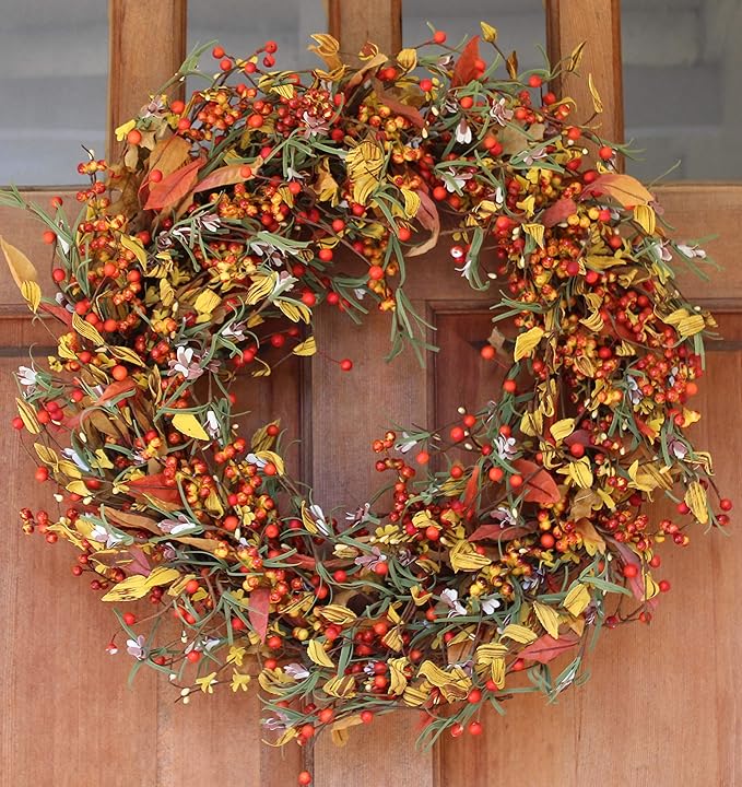 The Wreath Depot Appalachia Berry Silk Fall Door Wreath 24 inch, Handcrafted, Designed in USA, Full Wreath Shape and Size, Beautiful White Gift Box Included