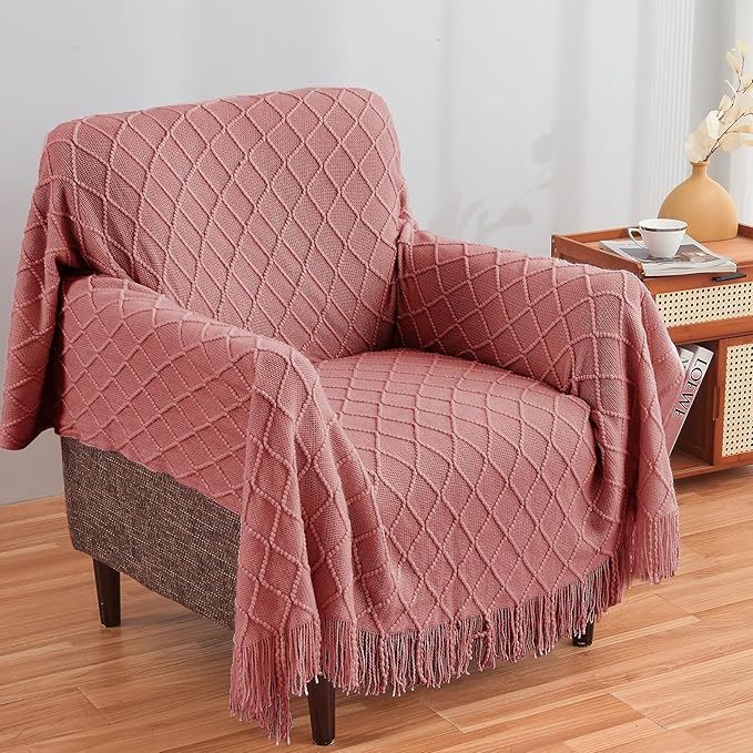 InHand Knitted Throw Blanket for Couch and Bed, Soft Cozy Knit Blanket with Tassel, Coral Pink Lightweight Decorative Throw, Farmhouse Warm Woven Throw for Men and Women, 50"x60"