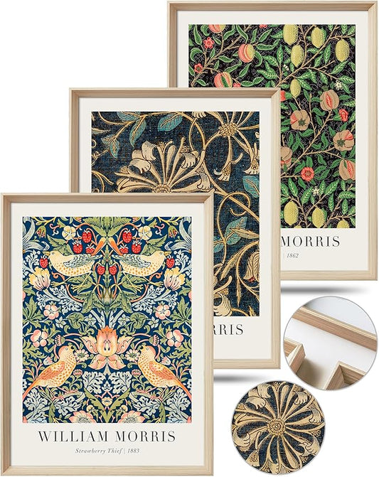 UPWOIGH 12x16 in Framed Wall Art, William Morris Gold Strawberry Thief Canvas, Vintage Botanical Birds Cotton Prints Poster, Wood Wall Decor for Living Room Bedroom, Gift