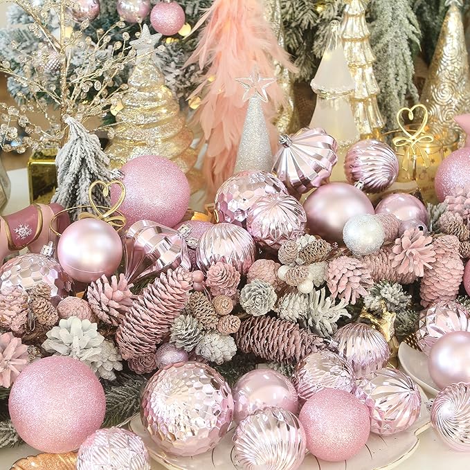Sea Team 21-Pack Christmas Ball Ornaments with Strings, 80mm/3.15-Inch Large Size Baubles, Shatterproof Plastic Christmas Bulbs, Hanging Decorations for Xmas Tree, Holiday, Wedding, Party, Pink