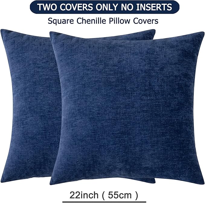 GAWAMAY Decorative Square Throw Pillow Covers 22"x22" Inch Set of 2, Super Soft Chenille Pillows Farmhouse Fall Pillowcase for Living Room Bedroom Sofa Couch Cushion Cover Navy Blue 55x55cm