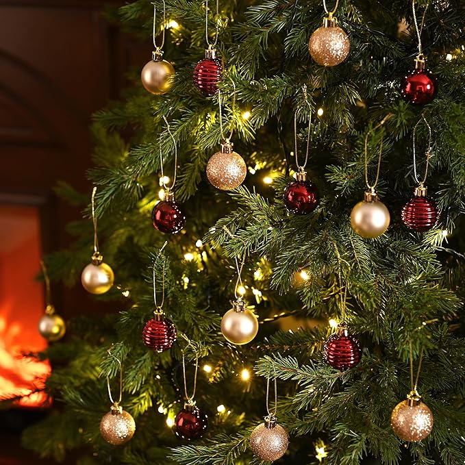 Valery Madelyn 1.57 Inches Small Christmas Tree Decorations Ornament Set for 4th of July Fall Halloween, 24ct Burgundy Red and Gold Shatterproof Hanging Ball Ornaments Holiday Party Decor