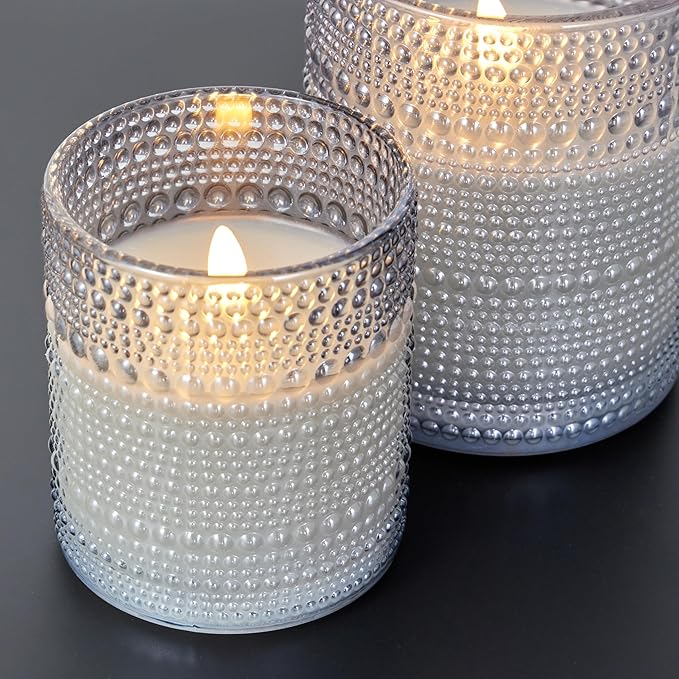 VENTA Flickering Flameless Candles With Remote Control - Led Candles Battery Operated - Battery Operated Candle For Decoration Table, Timer & Dimmer Features, Set - 2Pcs (4",5") (Grey Dotted Glass)