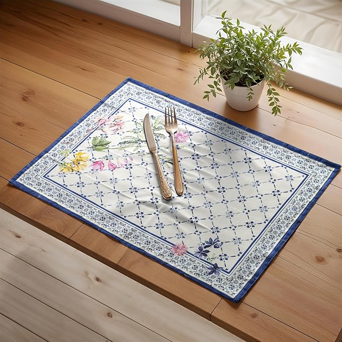 Maison d' Hermine Placemats Set of 4 100% Cotton Washable Cloth Place Mats, Reusable Table Mats for Kitchen Dining Decoration, Party, Wedding, Restaurant Spring/Summer (Faience, 13" x 19")