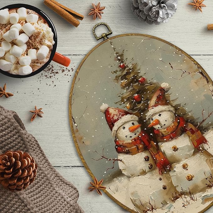CUANFDDSF Vintage Christmas Snowman Oval Wall Art Decor, Farmhouse Rustic Winter Xmas Snowman Wall Hanging Decor, Retro Christmas Framed Canvas Prints for Home Bedroom Living Room, 8.6x11.4 Inch