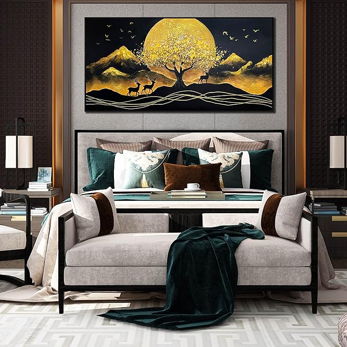 CIRABKY Moon Hand Painted Wall Art for Bedroom - Tree Black and Gold Canvas Wall Decor for Living Room Large Size - Black Frames Artwork Size 29" x 59"