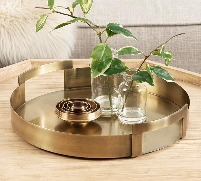 Kate and Laurel Myo Transitional Metal Round Tray, 15 x 15, Brass, Modern Glam Circular Decorative Serving Tray with Handles for Storage, Display, and Decor
