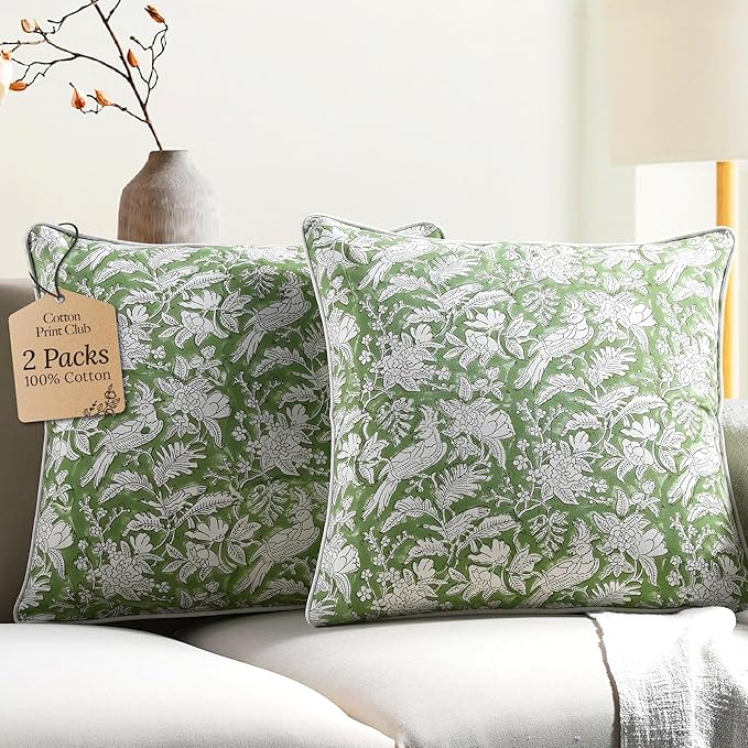 CPC 100% Cotton Throw Pillow Covers 20x20 Inch, Set of 2 Green Block Print Pattern Couch Pillow, Cute Boho Decorative Pillows for Living Room, Bedroom with Hidden Zipper- Olive Green