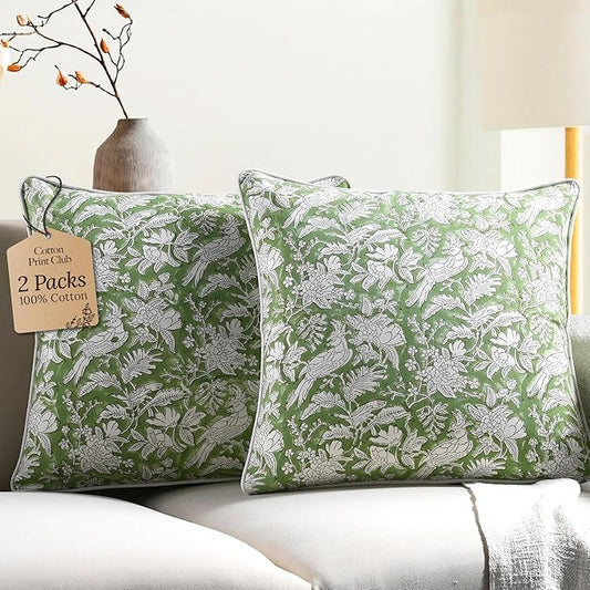 CPC 100% Cotton Throw Pillow Covers 24x24 Inch, Set of 2 Green Block Print Pattern Couch Pillow, Cute Boho Decorative Pillows for Living Room, Bedroom with Hidden Zipper- Olive Green