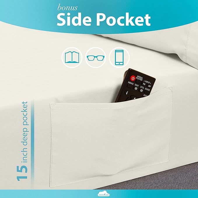 DREAMCARE Queen Sheet Set – 6 pcs Cooling Bed Sheets – up to 15” Deep Sheets Queen Size Bed Set – 2500 Supreme Collection – Extra Soft 100% Brushed Microfiber Hotel Luxury with Side Pocket – Ivory