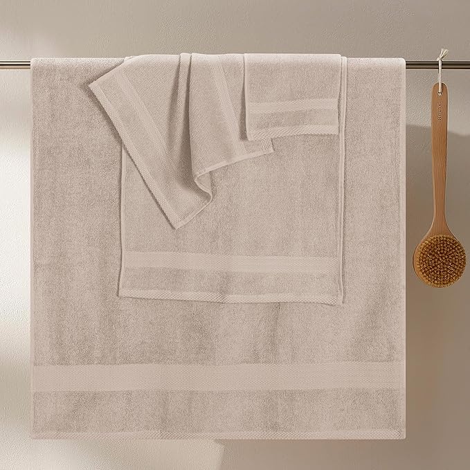 GLAMBURG Ultra Soft 8-Piece Towel Set - 100% Pure Ringspun Cotton, Contains 2 Oversized Bath Towels 27x54, 2 Hand Towels 16x28, 4 Wash Cloths 13x13 - Ideal for Everyday use, Hotel & Spa - Tan