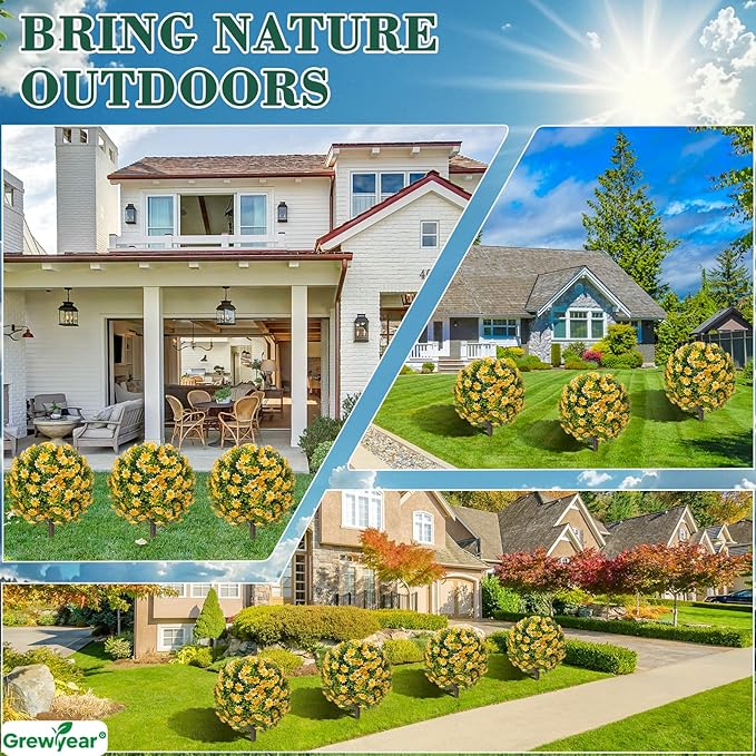 Fall Artificial Mum Topiary Ball with Spike Set of 2, Faux Boxwoods for Outdoor Planters, UV Resistant Artificial Outdoor Plants for Porch, Fake Bushes Round Shrub with Orange Yellow Mum