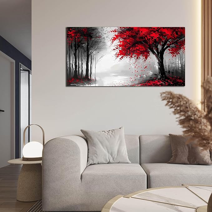 Large Canvas Wall Art for Living Room Black White and Red Tree of Life Print Pictures Painting Framed Wall Decor for Bedroom Modern Home Forest Scenery Wall Decorations Artwork Size 20x40 Ready to Hang