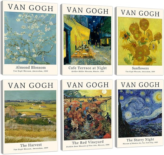 COSCTOR Set of 6 Vincent Van Gogh Wall Art Decor Canvas Vintage Retro Famous Artist Colorful Posters and Prints for Living Room Bathroom Bedroom Hallway Kitchen (Framed, 9x12)