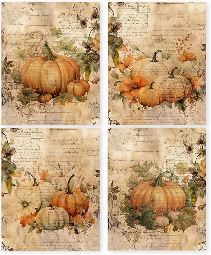 HRQKO Vintage Fall Wall Art Poster Prints Set of 4, Fall Wall Decor, Farmhouse Pumpkin Decor Artwork Prints Posters Wall Decor, Fall Pumpkin Decorations for Home Bedroom Kitchen 8”x10” Unframed