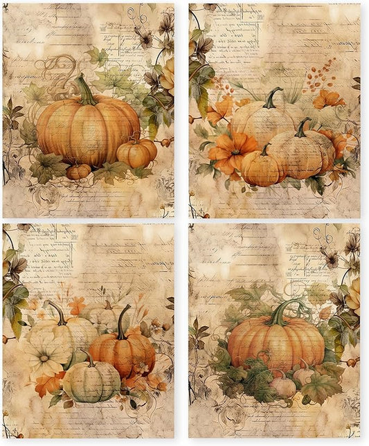 HRQKO Vintage Fall Wall Art Poster Prints Set of 4, Fall Wall Decor, Farmhouse Pumpkin Decor Artwork Prints Posters Wall Decor, Fall Pumpkin Decorations for Home Bedroom Kitchen 8”x10” Unframed
