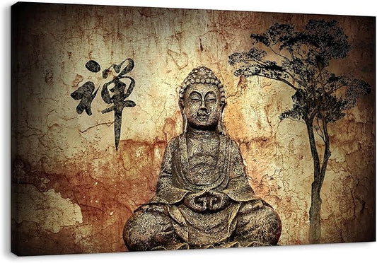 Piy Painting Buddha Canvas Wall Art for Living Room Bedroom Home Decoration, Peaceful Buda Statue Picture Print Painting Decor Giclee Artwork, Gallery Wrapped Gift, Inner Frame 24x36 IN
