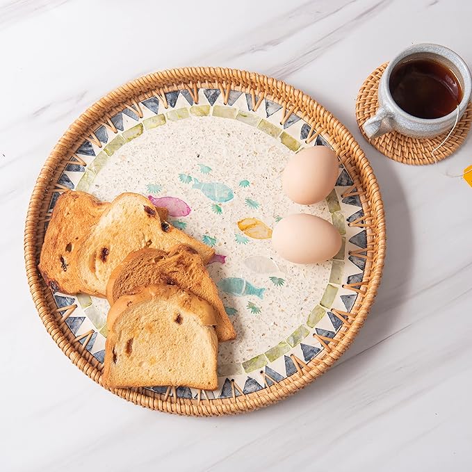 11.81" Decorative Round Mother Pearl Inlay Tray Rattan Wooden Base for Fruit Serving, Coffee Table Tray, Storage and Display Organizer (Fish 13.8)