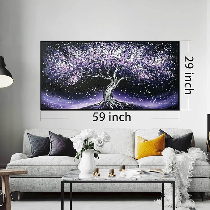 Purple Tree Hand Painted Wall Decor for Living Room - Modern Canvas Wall Art for Bedroom - Black Large Framed Wall Art Size 29" x 59"