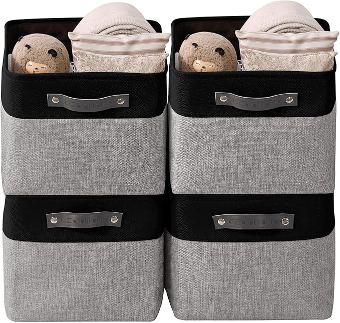 DECOMOMO Storage Baskets for Shelves - Fabric Closet Organizers and Storage Bins, Perfect Baskets for Organizing Closet Toys Nursery (Grey and Black, Large - 4 Pack)