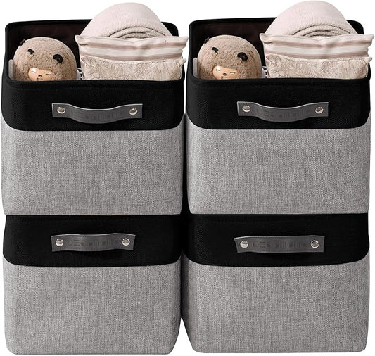 DECOMOMO Storage Baskets for Shelves - Fabric Closet Organizers and Storage Bins, Perfect Baskets for Organizing Closet Toys Nursery (Grey and Black, Large - 4 Pack)
