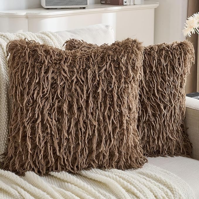 FUTEI Brown Decorative Throw Pillow Covers 26x26 Inch Set of 2,Soft Fluffy Faux Feather Texture Euro Pillow Shams,Modern Home Luxury Decor for Couch Bed Living Room