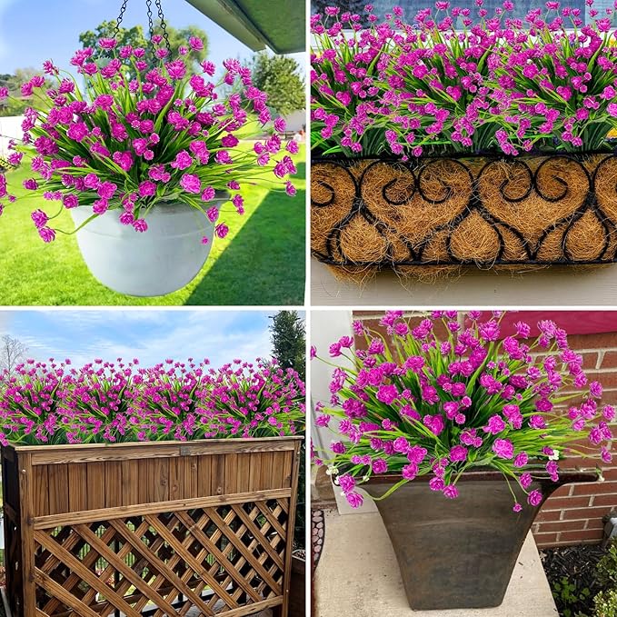 12 Bundles Artificial Flowers for Outdoors Summer Decor, Realistic UV Resistant Fake Plants Faux Plastic Flowers for Outside Planter Home Gardens Patio Porch Yard Spring Cemetery Decor(Magenta)