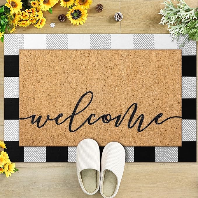 2 Pcs Door Mat Welcome Non Slip Coir Mats Black White Buffalo Plaid Checked Floor Layering Doormats Seasonal for Front Porch Entryway Decor(Welcome)