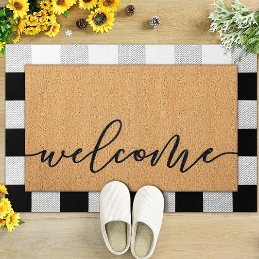 2 Pcs Door Mat Welcome Non Slip Coir Mats Black White Buffalo Plaid Checked Floor Layering Doormats Seasonal for Front Porch Entryway Decor(Welcome)