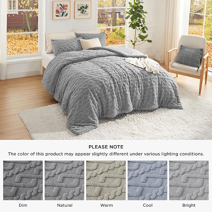 Bedsure King Size Fluffy Comforter Set, Grey Plush Fleece Bed Set King, Luxury Jacquard Farmhouse Boho Soft Warm Bedding for Winter, 1 Comforter (104"x90") and 2 Pillowcases (20"x36")