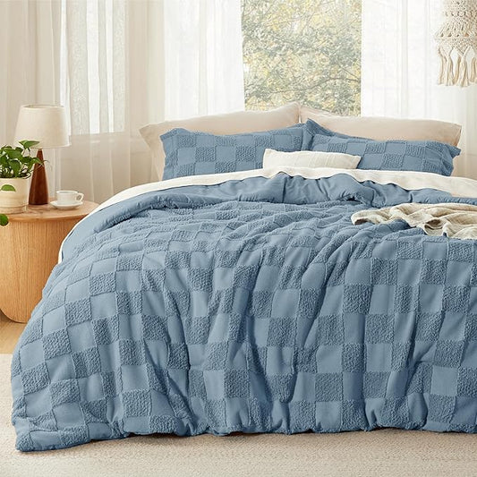 Bedsure Queen Size Comforter Set Mineral Blue, Boho Tufted Bed Set, Checkered Farmhouse Shabby Chic Bedding, 3 Pieces, 1 Plaid Geometric Comforter and 2 Pillow Shams
