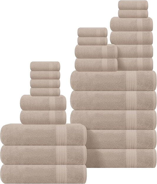 GLAMBURG Ultra Soft 24-Piece Towel Set - 100% Pure Ringspun Cotton, Contains 8 Oversized Bath Towels 27x54, 8 Hand Towels 16x28, 8 Wash Cloths 13x13 - Ideal for Everyday use, Hotel & Spa - Tan