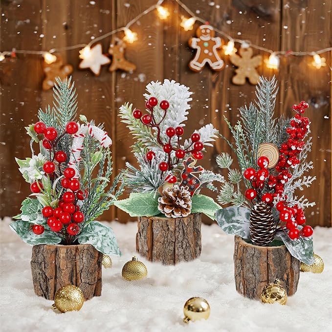 winemana 3 Pack Mini Christmas Trees Table Decorations, 11.5 Inch Small Artificial Xmas Tree Centerpieces with Red Berries & Pine Cones for Home, Office, Tabletop, Indoor Holiday Party Decor