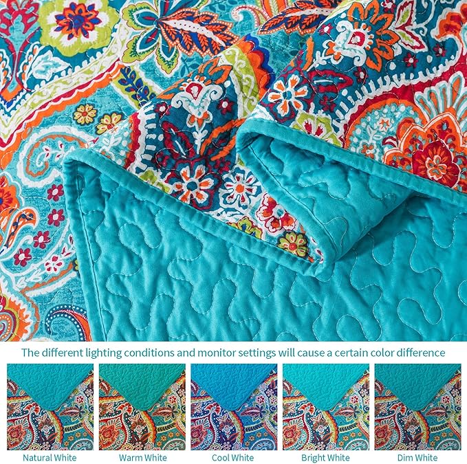 VAPUTAR Quilt Queen Bedding Set - Soft Cotton Quilts with Paisley Floral Pattern - Lightweight Reversible Bedspreads for Farmhouse (3 Pieces, Bright Teal)