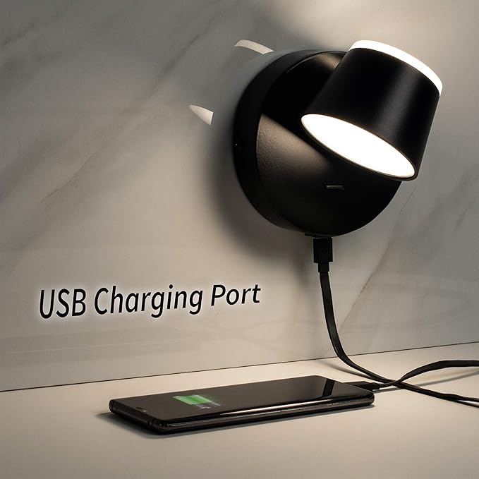 URSOLA Wall Light LED Wall Sconce with On/Off Switch USB Port 110 Volt Hardwired Wall Lamp 350 Rotatable Up Down Sconces Wall Lighting (Black)