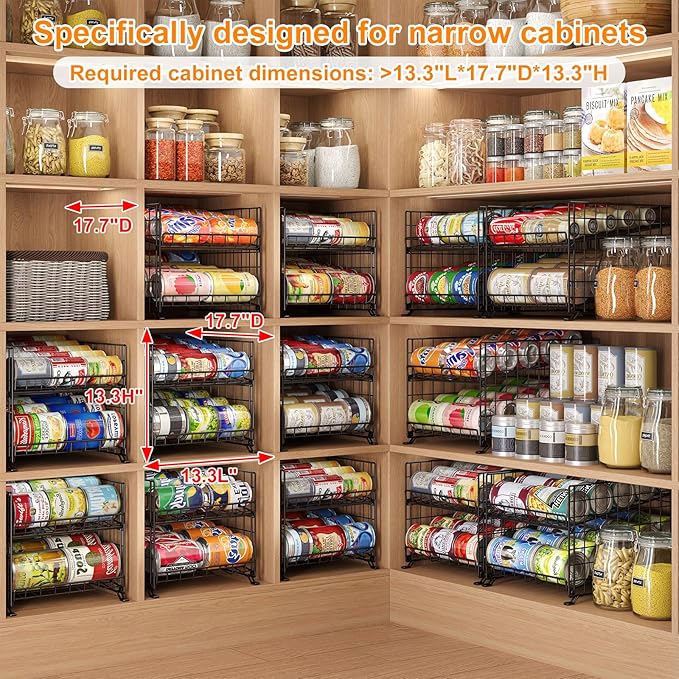 JKsmart 2 Pack 2 Tier Stackable Can Organizer for Pantry, Can Rack Holder for Kitchen Pantry Cabinet, 16inch Depth Can Dispenser for Various Ounces of Canned Food Soda Drinks, Black