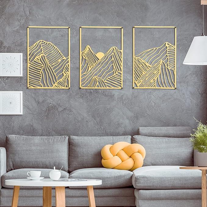 Peryiter 3 Pcs Metal Wall Art Decor Landscape Mountain Wall Hanging Decor for Living Room Abstract Minimalist Modern Mountain Line Pictures Summer Bathroom Office Home Gifts Indoor(Gold)